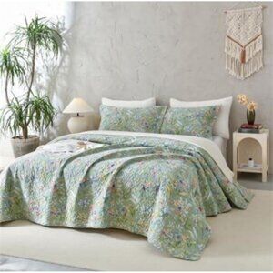 Floral Green Queen Bedding Set With Quilt & Pillow Shams - Lightweight & Soft Fo